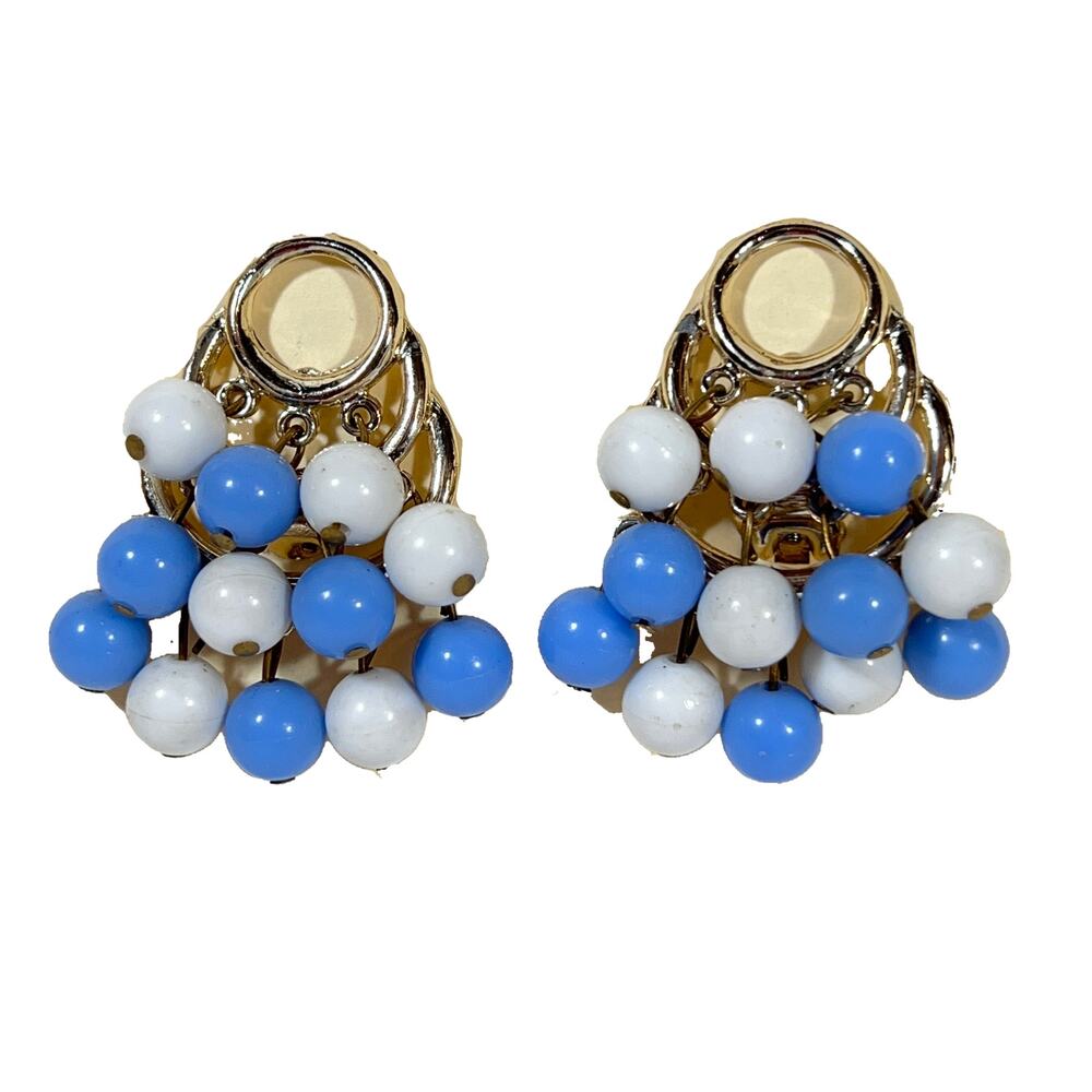 Vintage Blue and White Beaded Earrings, Clipon Tiered Jewelry